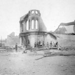 The Masonic Temple, located on the northwest corner of Fourth Avenue and Pine Street (photo looks to the northwest with Fourth Avenue on left and Pine Street on right), after the Great Fire of Ellensburg of July 4, 1889. While the Masonic Lodge had been in existence in Ellensburg since 1882, the Temple was built in early 1889. (Kittitas County Historical Museum)