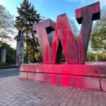 The University of Washington "W" sign covered in red paint in an apparent act by pro-Palestinian protesters. (Photo: Sam Campbell, KIRO Newsradio)